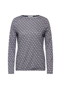 Chemise à manches longues en bleu marine et blanc avec un motif en losanges. Encolure arrondie et coupe décontractée. Texture de tissu douce.