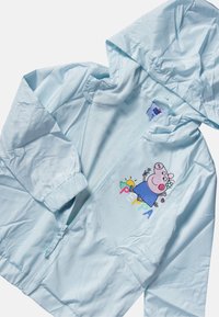 Light blue waterproof jacket with a hood. Features a soft inner lining, elastic cuffs, and a printed cartoon character on the front.