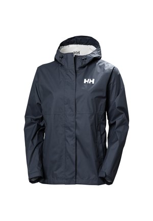 Tmavě modrá nepromokavá bunda s kapucí, předním zipem, logem HH na hrudi a nastavitelnými manžetami.