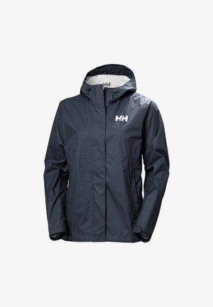 Chaqueta impermeable azul marino con capucha, cremallera frontal, logo HH en el pecho y puños ajustables.