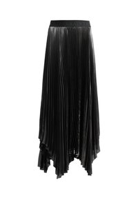 Jupe midi plissée noire à ourlet asymétrique et taille élastique avec nom de marque subtilement embossé.