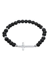 Pulsera de cuentas de piedra de lava negra con detalle de cruz en tono plateado y acentos metálicos lisos. Las cuentas varían ligeramente en tamaño y textura.