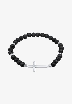 Juodas lava akmens karoliukų apyrankė su sidabro spalvos kryžiaus detale ir lygių metalinių akcentų. Karoliukai šiek tiek skiriasi dydžiu ir tekstūra.