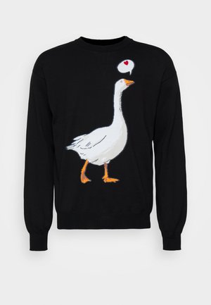 Sweatshirt noir avec un motif de jars blanc, un bec et des pattes orange, accompagné d'une bulle de dialogue avec un cœur rouge.