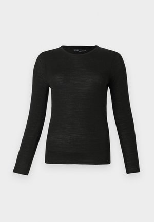 Black long-sleeve crew neck fitted sweater with smooth texture, displayed on plain light gray background.