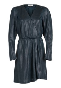 Metaliczna ciemnozielona sukienka o wrap z dekoltem w serek, długimi rękawami, zwężoną talią i bocznym drapowaniem. Posiada teksturowe wykończenie z delikatnym połyskiem.