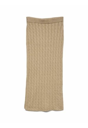 Beige stickad midikjol med ett kabelmönster och en ribbad midja, upplagd platt mot en vit bakgrund.