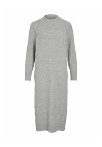 Robe pull gris tricotée avec un col montant, des manches longues et des poignets côtelés, présentant une coupe droite avec des détails sur les côtés.