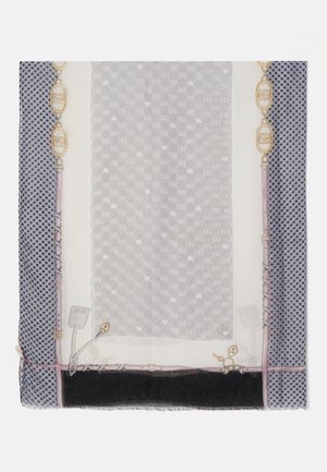 Foulard quadrato in seta con un design a pois navy e bianchi, caratterizzato da motivi di catene dorate e un morbido bordo frangiato.