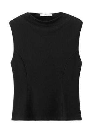 Sleeveless black top with high round neckline and fitted seams for a streamlined silhouette.
