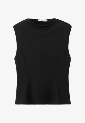 Sleeveless black top with high round neckline and fitted seams for a streamlined silhouette.