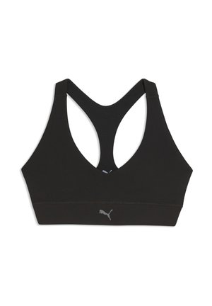 Sort sports-bh med racerback-design og Puma-logo på frontens centerbånd, vist på hvid baggrund.