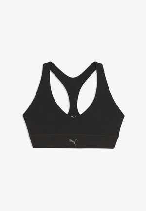 Zwarte sport-bh met racerback-ontwerp en Puma-logo op de voorste middenband, weergegeven op een witte achtergrond.