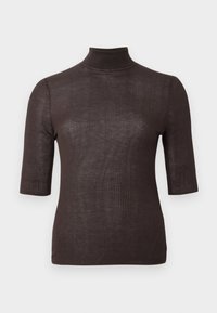 Smeđa rebrasta majica s turtleneck izrezom i kratkim rukavima, s prilagođenim dizajnom i glatkom teksturom, pogodna za slojevito nošenje ili kao samostalni komad.