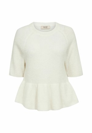 Weißer Strickpullover mit kurzen Ärmeln, Rundhalsausschnitt und gerafftem Peplum-Saum, aus weichem strukturiertem Stoff.