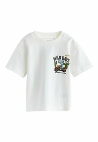 Hvid bomulds T-shirt med korte ærmer, rund halsudskæring og et grafisk design med "WILD DAYS", en krokodille og en motorcykel.