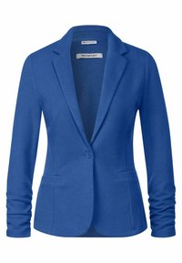 Blå kavaj i slätt trikåtyg, med slagkrage, enknappslås och två framfickor. Texturerade ärmar med manschettdetalj.