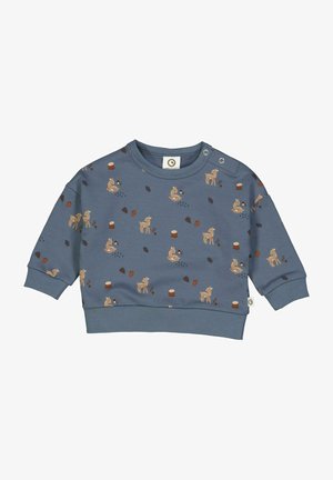 Modrá mikina vyrobená z bavlny s uvolněným střihem, s potiskem jelena a žaludu v zemitých barvách a zapínáním na patentky na rameni.