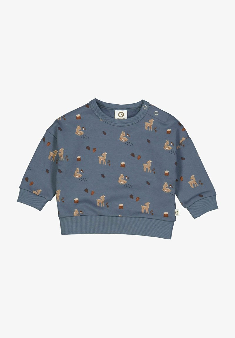 Modrá mikina vyrobená z bavlny s uvolněným střihem, s potiskem jelena a žaludu v zemitých barvách a zapínáním na patentky na rameni.