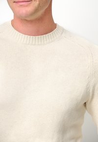 Maglione lavorato a maglia in beige chiaro con scollo a girocollo a coste e superficie testurizzata, che mostra sottili variazioni nella consistenza del tessuto.