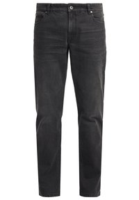 Jeans de mezclilla negra con un diseño de pierna recta, que cuentan con un cierre de botón, bolsillos frontales y una textura desgastada para un aspecto envejecido.