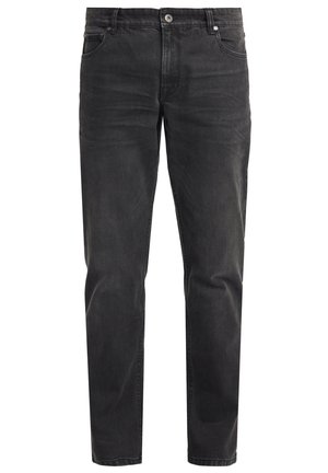 Jean en denim noir avec une coupe droite, doté d'une fermeture à bouton, de poches avant et d'une texture délavée pour un look usé.