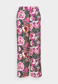 Květinové široké kalhoty v tmavě zelené látce s velkými růžovými a bílými květinami a hnědými akcenty. Obsahují knoflíkový uzávěr v oblasti pasu.