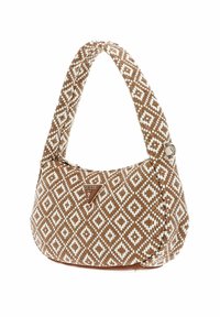 Borsa a spalla marrone e bianca con motivo a trama intrecciata, logo triangolare e tracolla curva. Forma arrotondata con chiusura a zip.