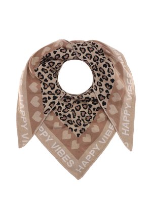 Tan bandana bib with a central leopard print panel, heart patterns, and "HAPPY VIBES" text along the border.