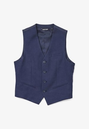 Chaleco formal de hombre azul marino con cuatro botones, corte entallado, dos bolsillos delanteros y una etiqueta dentro del cuello que dice "Antony Morato."