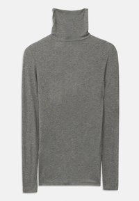 Grijze langemouwen turtleneck shirt gemaakt van een zachte, gestructureerde stof. Heeft een hoge halsontwerp en een aansluitende pasvorm.