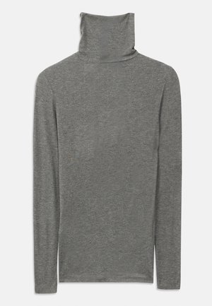 Grå langermet polokjorte laget av et mykt, strukturert stoff. Har design med høy hals og tettsittende silhuett.