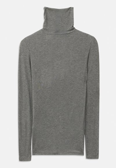 Grå langermet polokjorte laget av et mykt, strukturert stoff. Har design med høy hals og tettsittende silhuett.