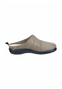 Felt slippers in light brown with a black rubber sole, open back, and curved design. Includes a small pull tab on the heel.