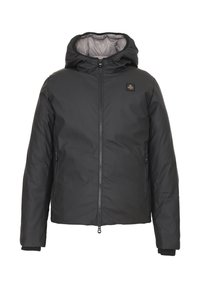 Giacca nera con cappuccio dal finish morbido e opaco. Presenta una zip frontale, due tasche laterali e polsini elasticizzati. Design semplice con un accento del logo.