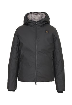 Giacca nera con cappuccio dal finish morbido e opaco. Presenta una zip frontale, due tasche laterali e polsini elasticizzati. Design semplice con un accento del logo.