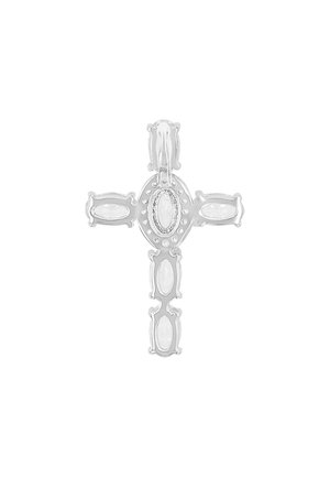 Silbernes Kreuzanhänger mit einem komplizierten Design, das ovale Formen und Perlenakzente aufweist, mit polierter Oberfläche und einer Schlaufe zur Befestigung.