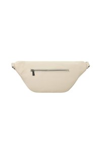 Marsupio in pelle beige con finitura texture, forma curva e tasca con zip frontale. Cinghia regolabile per una vestibilità sicura.