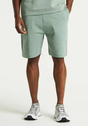 Lichtgroene katoenmix shorts met een rechte snit, zijzakken en een platte voorkant, gecombineerd met grijze en witte sportschoenen.