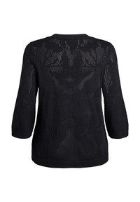 Pull en laine noir tricoté avec un design texturé en maille ouverte, manches trois-quarts et poignets et ourlet côtelés.