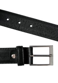 Fekete bőr öv texturált felülettel, ezüst fém csattal és öt állítható lyukkal. A varrott szélek tartósságot és részletességet adnak.