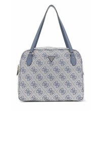 Sac à main motif bleu et gris avec double anses, fermeture éclair et plaque logo. Forme rectangulaire, tissu texturé et accents subtils.