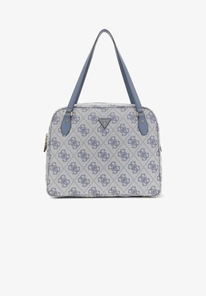 Sac à main motif bleu et gris avec double anses, fermeture éclair et plaque logo. Forme rectangulaire, tissu texturé et accents subtils.