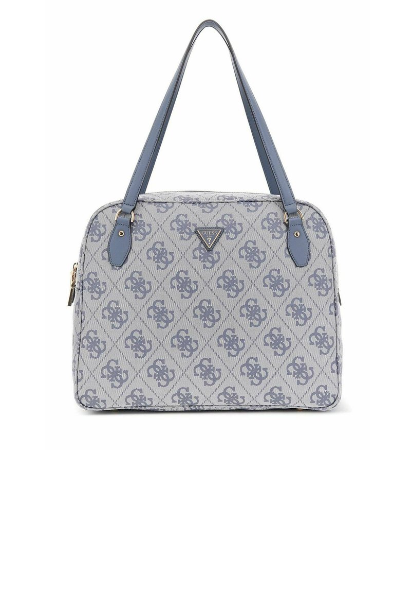 Sac à main motif bleu et gris avec double anses, fermeture éclair et plaque logo. Forme rectangulaire, tissu texturé et accents subtils.