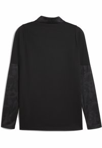 Haut noir à manches longues avec un col texturé et des manches à motifs. Le matériau présente une finition lisse, avec des accents sombres contrastants.