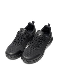 Schwarze Sportschuhe mit einem Obermaterial aus Mesh, runder Zehenform, strukturiertem Oberflächenmaterial, elastischen Schnürsenkeln und einer gepolsterten Sohle für zusätzlichen Komfort.