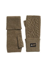 Bruine gebreide vingerloze handschoenen met kabelpatroon, geribde manchetten en een Superdry logo patch op één manchet.