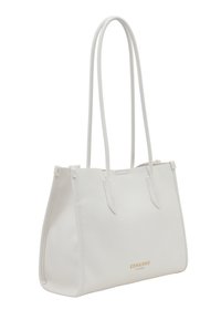 Borsa a tracolla bianca in pelle con doppie fasce, forma rettangolare, cuciture sottili e un logo dorato nella parte inferiore.