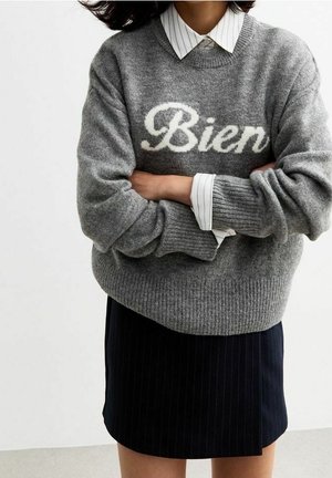 Person trägt einen grauen Pullover mit dem Schriftzug „Bien“ über einem weißen Hemd mit Kragen, kombiniert mit einem schwarzen Nadelstreifenrock, Arme verschränkt.