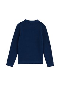 Pull tricoté bleu marine à manches longues, avec col et poignets côtelés, présentant un motif texturé. Vue de dos.